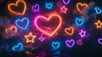 Glowing neon hearts and stars in vibrant pink, blue, and orange colors against dark background create romantic atmosphere for Valentine's day designs and love themes.