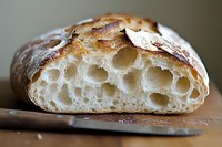 Fresh artisanal sourdough bread cross section showing airy honeycomb crumb structure with crispy golden crust dusted with flour on wooden cutting board.