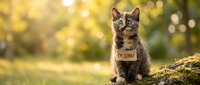 Adorable tabby kitten wearing collar sits on mossy log in golden autumn sunlight with bokeh background for pet adoption campaigns and animal welfare.