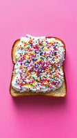 Toasted bread slice covered with white frosting and colorful rainbow sprinkles on bright pink background. Fun breakfast or dessert concept for food blogs.