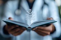 Medical knowledge grows like delicate crystal tree emerging from open book pages, held by healthcare professional in white coat with stethoscope, symbolizing growth in medicine.