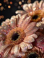 Pink gerbera daisy with water drops and glitter sparkles on petals against dark background, creating magical bokeh effect and dreamy atmosphere.