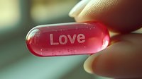 Red transparent pill capsule with Love text inscription held between fingers against blurred background, romantic medical concept for relationship therapy.