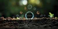 Digital holographic interface displaying microbiome data emerging from rich soil, representing agricultural technology and sustainable farming innovation.