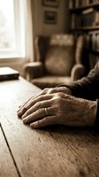 Elderly person's wrinkled hands resting on a wooden table in a cozy vintage home interior with bookshelf and armchair in background.