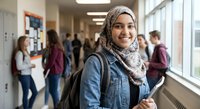 Young Middle Eastern female student wearing hijab and denim jacket smiling in school hallway with backpack, holding notebook among diverse classmates.