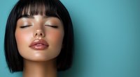 Asian woman with short black bob haircut and glossy lips on turquoise background, eyes closed in serene expression showing natural beauty and minimalist style.