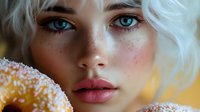 Close up portrait of young woman with platinum blonde hair, bright blue eyes, freckles and pink lips against blurred donut with sprinkles background.