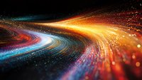 Vibrant light trails curve through dark space creating dynamic motion effect with orange, blue and red glowing particles and bokeh elements in cosmic background.