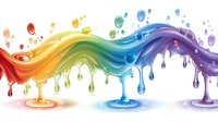 Colorful liquid rainbow wave with splashes and drops flowing in spectrum colors from red to purple, creating dynamic fluid motion on white background.
