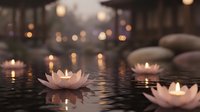 Serene spa scene with floating lotus flowers and smooth stones on calm water surface with warm candlelight creating peaceful meditation atmosphere.
