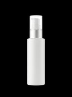 White cosmetic spray bottle with silver pump dispenser, isolated on transparent background, ready for product design, packaging mockups, beauty branding, print-on-demand, and e-commerce use.