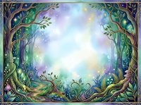 Enchanted forest woodland scene with glowing magical light, mystical atmosphere, and ornate decorative border frame. Lush vegetation, twisted trees, and luminous center perfect for fantasy, gaming, and creative design projects.