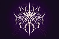 Mystical tribal mask design with sharp angular features and ornate swirling patterns in white against deep purple background, suitable for fantasy art and tattoo designs.