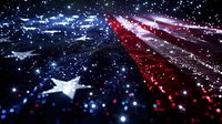 Abstract patriotic background with glowing star and red white blue light trails against dark sky with sparkles and bokeh effects for holiday celebrations.