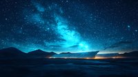 Majestic mountain silhouettes under vibrant turquoise night sky with glowing stars and nebula, distant city lights illuminate horizon creating atmospheric landscape.