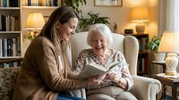 Young Caucasian woman caregiver reading book with smiling elderly white-haired grandmother in cozy living room with warm lighting and bookshelves.