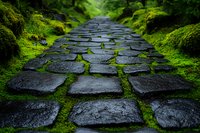 Ancient stone pathway covered in vibrant green moss leads through mystical forest setting, creating atmospheric perspective with wet cobblestones and lush ferns.