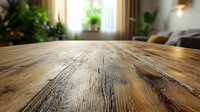 Rustic wooden table surface with natural grain texture and warm sunlight, green plants in blurred background creating cozy home atmosphere.