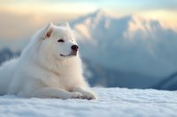 Majestic white Samoyed dog resting on snowy mountain peak at sunset, showcasing serene expression against blurred winter landscape background.