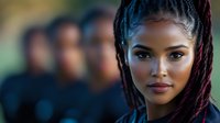Young African American woman with braids and natural makeup gazing confidently at camera, wearing black top against blurred background. Professional portrait with soft lighting.