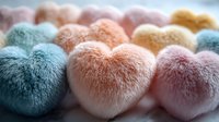 Soft plush hearts in pastel colors arranged in rows creating romantic mood. Fluffy textured decorative elements with gentle tones of pink, blue and peach.