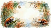 Watercolor frame with two red pandas resting on branches among bamboo and autumn foliage, soft earthy tones, copy space for text or design.