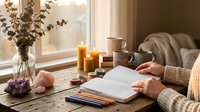 Cozy autumn morning scene with woman writing in notebook at wooden table with candles, coffee cup, dried flowers and warm sunlight streaming through window.