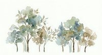 Watercolor forest landscape with green and brown trees in soft artistic style. Natural woodland scenery for home decor and botanical design projects.