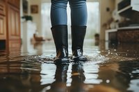 Person wearing black rubber boots and jeans standing in flood water inside home, with water reflection and splashes on wooden floor during flooding disaster.