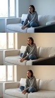 Young woman in casual hoodie sitting thoughtfully on white sofa by window in modern living room interior for lifestyle and wellness concepts.