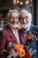 Senior couple celebrating their wedding day, wearing stylish suits and holding vibrant autumn bouquet with orange roses and eucalyptus, bokeh lights in background.