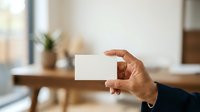 Businesswoman holding blank white card in modern office workspace with wooden desk and natural light.