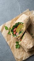 Whole wheat wraps filled with hummus, fresh greens, tomatoes and herbs, served on kraft paper. Ideal for healthy lunch, meal prep, vegetarian diet and food photography.
