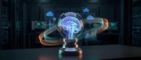 Futuristic lightbulb with glowing brain inside surrounded by holographic data streams and cloud computing icons in modern tech environment for AI concepts.
