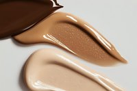 Liquid foundation swatches in different skin tones from dark chocolate to pale beige, showing smooth creamy texture and glossy cosmetic product consistency.