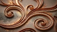Elegant copper swirl ornament with pearl beads and golden glitter on brown background, luxury decorative design element for invitations and cards.