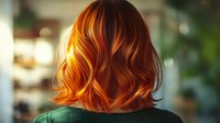 Back view of woman with vibrant copper red wavy bob hairstyle in sunlight, wearing green sweater against blurred background.