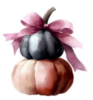 Stacked black and peach pumpkins decorated with pink bow on white background, watercolor style artwork for seasonal fall and Halloween designs.