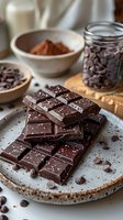 Dark chocolate bars with sea salt on ceramic plate, cocoa powder and cacao nibs in background for artisanal dessert preparation.