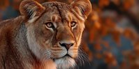 Female lioness portrait with intense amber eyes against blurred autumn foliage background, showcasing majestic wild cat in natural habitat.