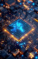Glowing microprocessor with blue and orange lights on circuit board, close-up view showing electronic pathways and computing technology components.