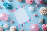 Festive party flat lay with blank paper card, pink and blue decorations, honeycomb balls, balloons and bunting on pastel blue background perfect for celebration invitation design.