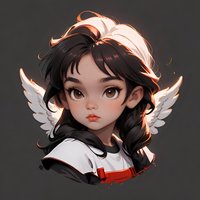 Young Asian female character with white angel wings and dark flowing hair against gray background. Stylized anime portrait with soft lighting and expressive brown eyes.