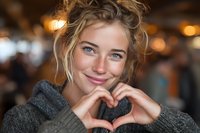 Young Caucasian woman with blue eyes and freckles making heart shape with hands while smiling in cozy sweater against blurred warm background.