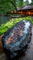 Amethyst crystal geode with purple clusters on dark stone against blurred garden background with warm glowing lights and tranquil pond setting.