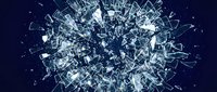 Shattered glass explosion with sharp fragments flying outward against dark blue background creating dramatic破碎effect for design projects.
