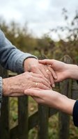Caring hands of elderly person with wedding ring being gently held by younger caregiver outdoors showing compassion and support between generations.