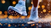 Running shoe splashing through puddle at dusk with water droplets and bokeh lights creating magical atmosphere on wet asphalt surface.