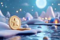 Golden star coins on snowy winter landscape with full moon and glowing lights reflecting in water, creating magical atmosphere for festive seasonal designs.